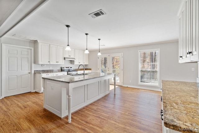 kitchen with under cabinet range hood, electric range, white cabinets, and light wood finished floors