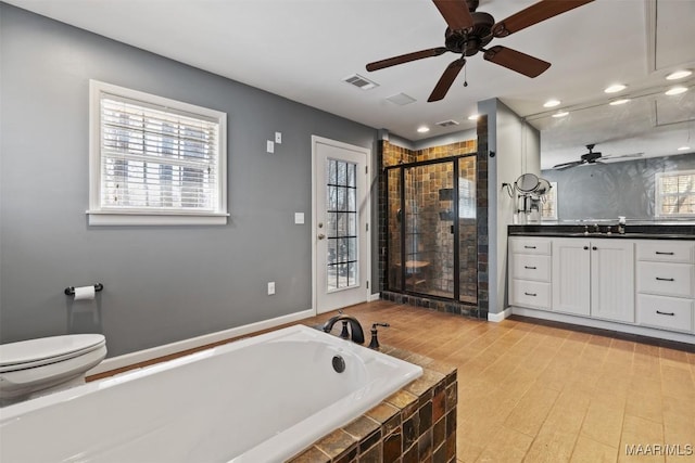 bathroom featuring vanity, visible vents, a shower stall, a bath, and plenty of natural light