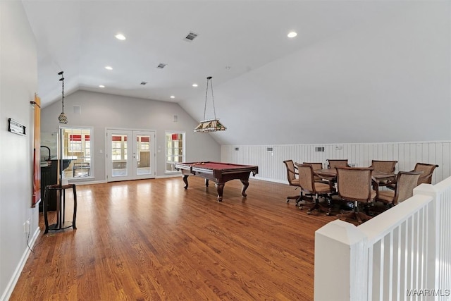 game room featuring french doors, lofted ceiling, visible vents, pool table, and wood finished floors