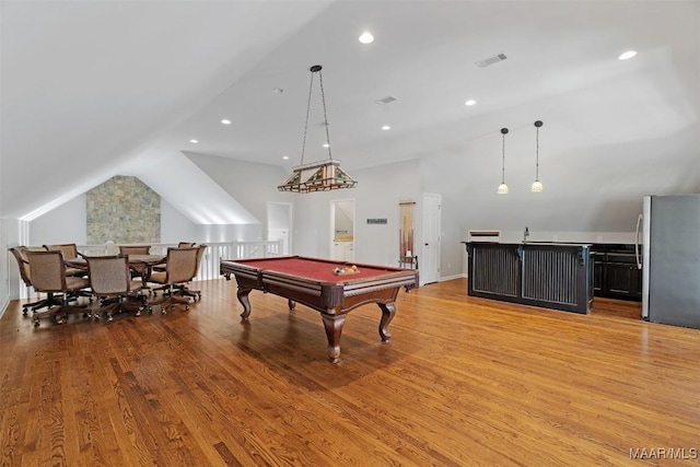 game room with lofted ceiling, visible vents, billiards, and light wood-style flooring