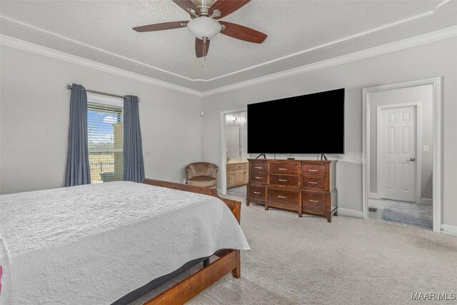 9524 County Road 42nd Rd, Jemison, AL 35085 - bedroom featuring a ceiling fan, a textured ceiling, crown molding, baseboards, and light carpet