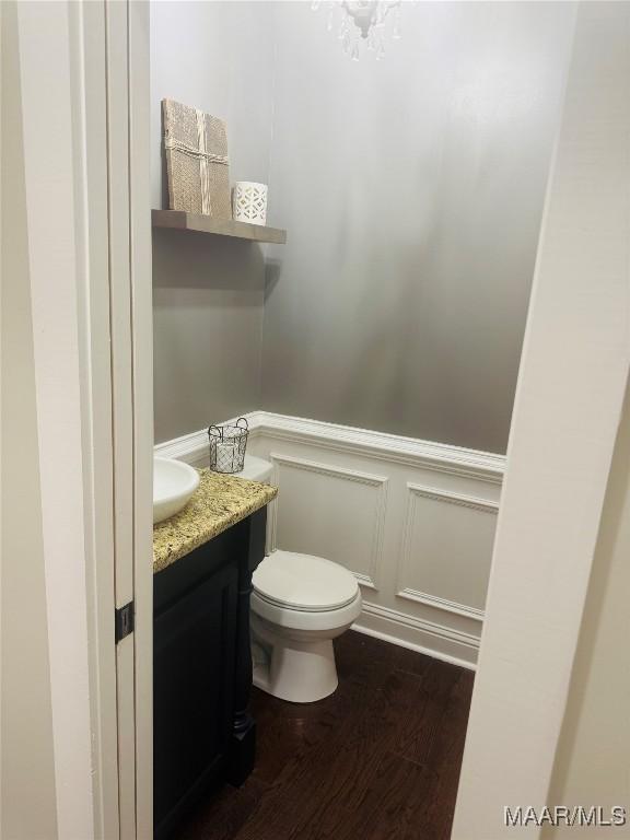 half bath featuring toilet, a wainscoted wall, wood finished floors, vanity, and a decorative wall