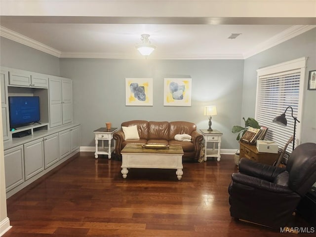 living room featuring baseboards, crown molding, and wood finished floors