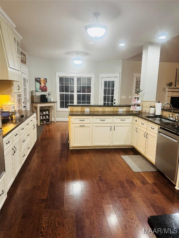 kitchen featuring dark wood-style floors, stainless steel dishwasher, dark countertops, and a sink