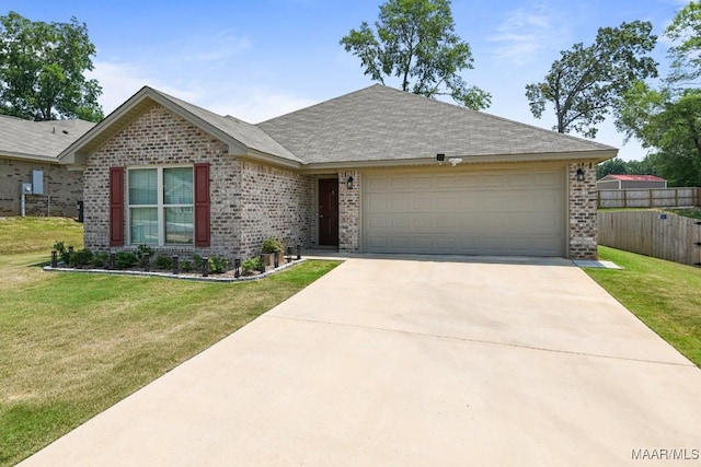 ranch-style house with an attached garage, brick siding, fence, driveway, and a front yard