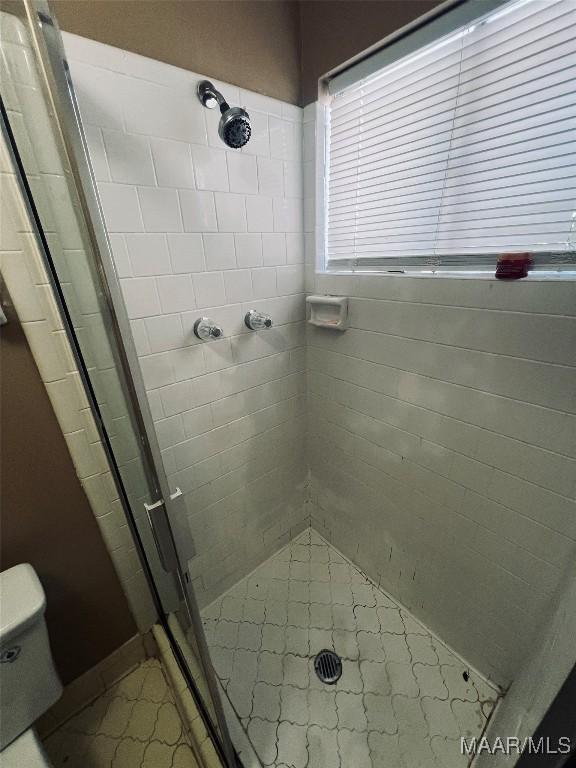 bathroom featuring a shower stall and toilet