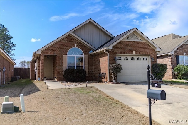 ranch-style house with an attached garage, concrete driveway, and brick siding