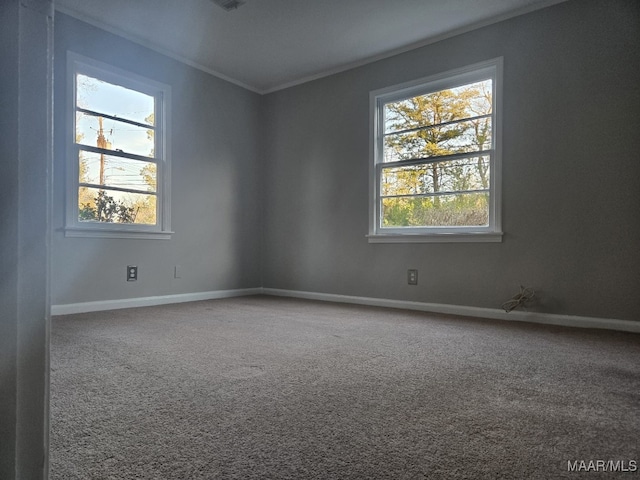 unfurnished room with baseboards, carpet floors, and crown molding