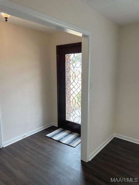 foyer entrance with baseboards and dark wood-style flooring