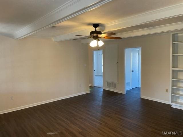 unfurnished room featuring visible vents, baseboards, dark wood-style floors, ceiling fan, and beamed ceiling