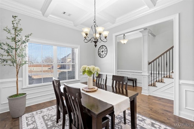 dining space featuring beamed ceiling, coffered ceiling, and wood finished floors