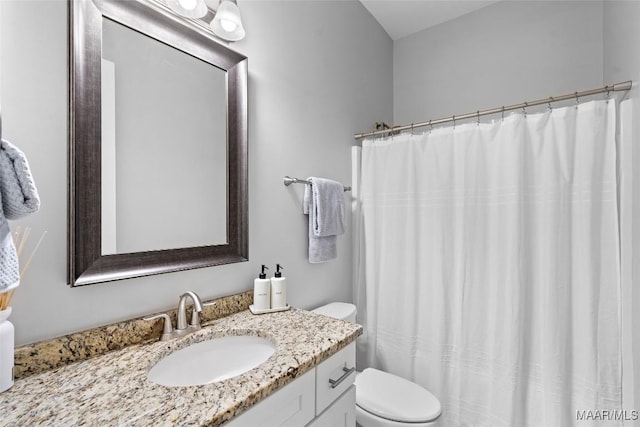 full bathroom featuring vanity, toilet, and a shower with curtain