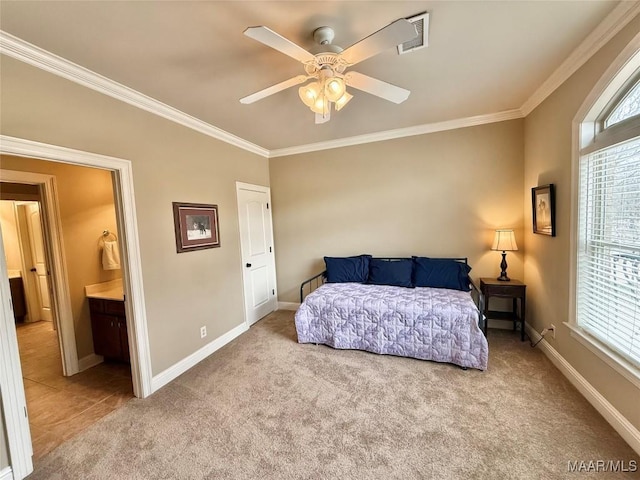 bedroom featuring baseboards, visible vents, ceiling fan, crown molding, and carpet floors