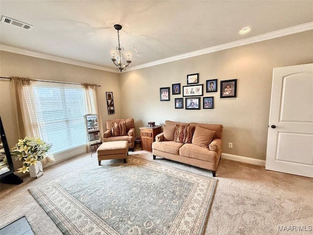 carpeted living area with ornamental molding, visible vents, a notable chandelier, and baseboards