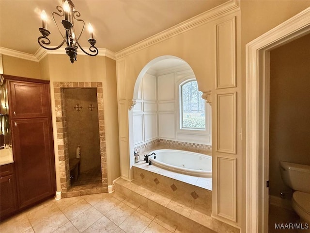 full bathroom with a chandelier, toilet, ornamental molding, a jetted tub, and a stall shower