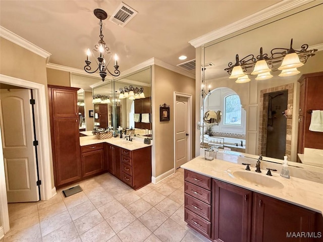 bathroom featuring ornamental molding, a sink, visible vents, and an inviting chandelier