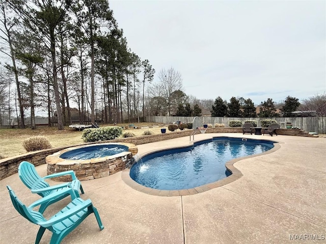 view of swimming pool featuring a patio, a fenced backyard, a fenced in pool, and an in ground hot tub