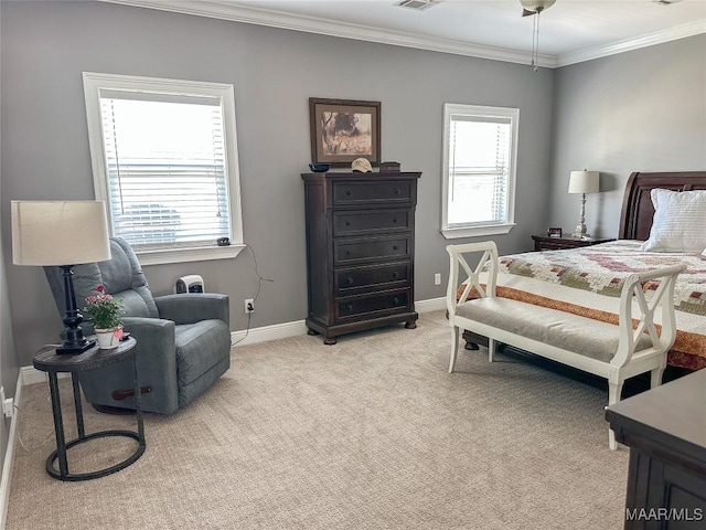 bedroom featuring light carpet, crown molding, and multiple windows