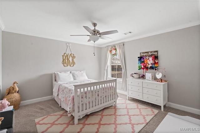 bedroom featuring ornamental molding, light colored carpet, and visible vents