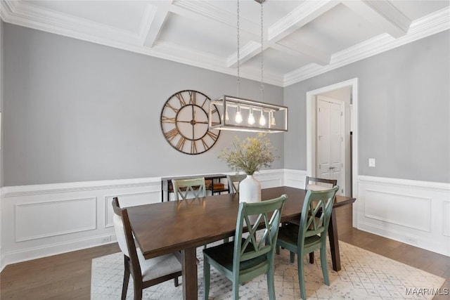 dining area featuring coffered ceiling, beamed ceiling, and wood finished floors