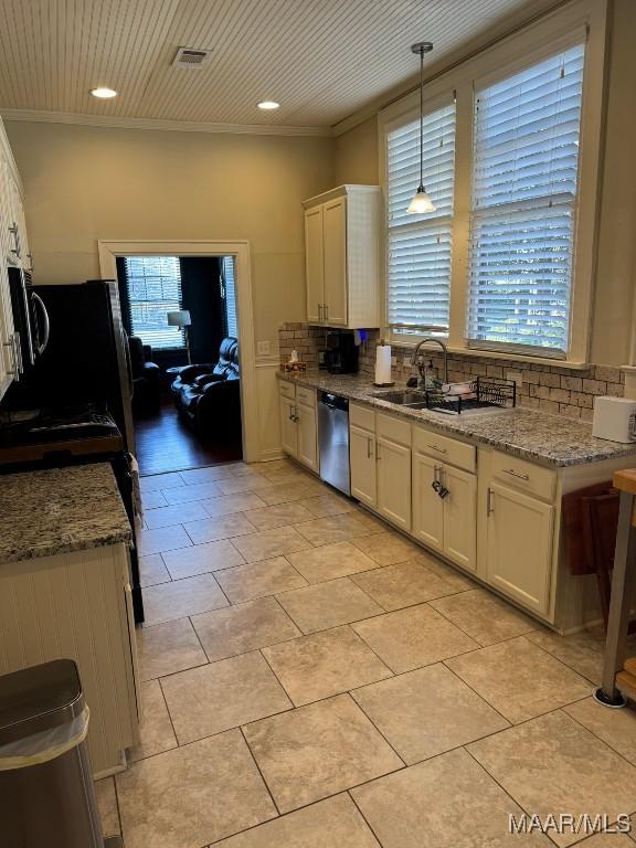 kitchen featuring visible vents, backsplash, wood ceiling, white cabinets, and dishwasher