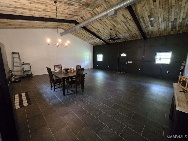 dining room with high vaulted ceiling, wood ceiling, a chandelier, and beamed ceiling