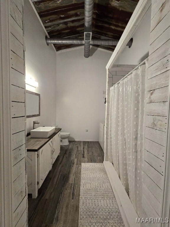 bathroom featuring toilet, a shower with curtain, wood finished floors, and vanity