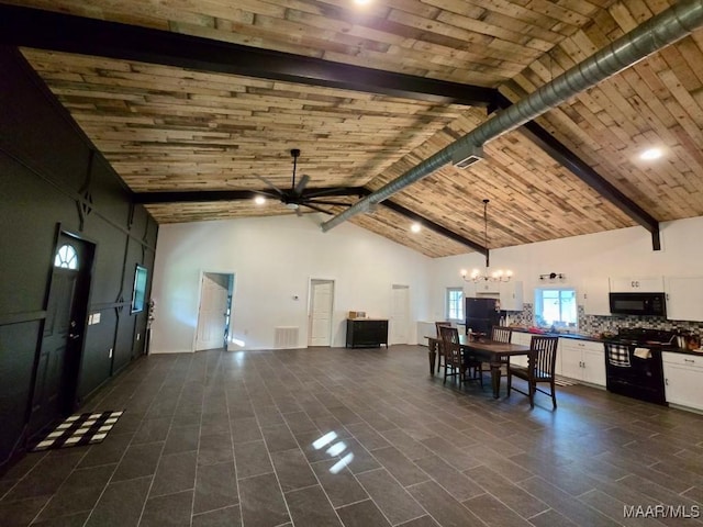 interior space featuring wood ceiling, high vaulted ceiling, beam ceiling, and ceiling fan with notable chandelier