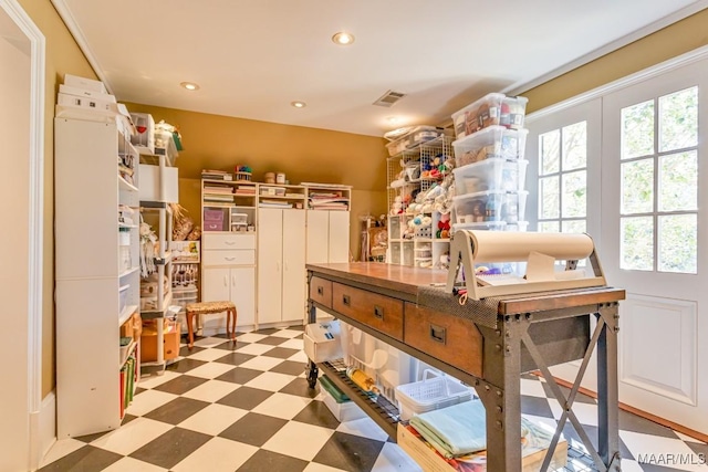 kitchen featuring open shelves, a healthy amount of sunlight, recessed lighting, and tile patterned floors