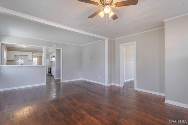 unfurnished living room featuring baseboards, a ceiling fan, dark wood finished floors, and crown molding