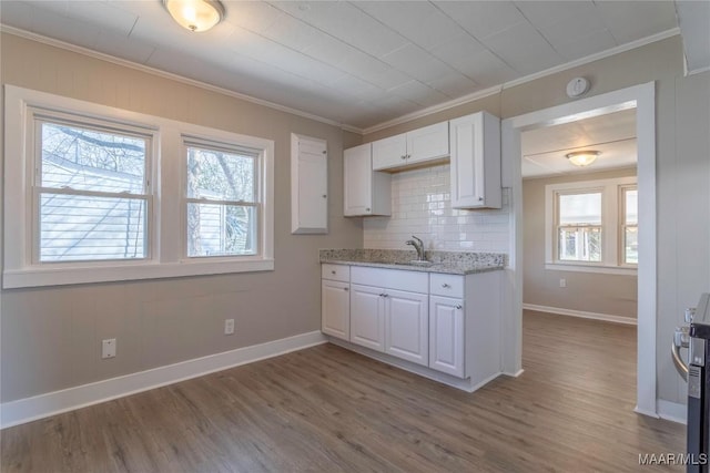 kitchen with dark wood-type flooring, decorative backsplash, white cabinetry, and crown molding