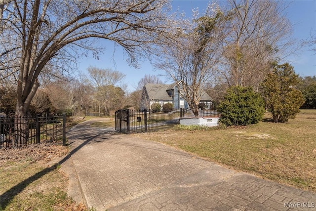 view of street featuring driveway, a gated entry, and a gate