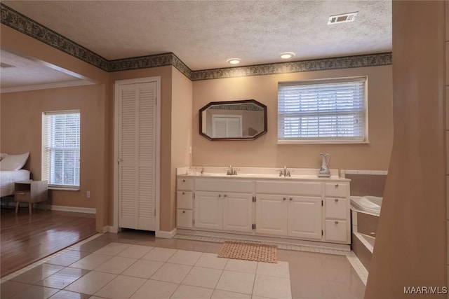 bathroom featuring a closet, a healthy amount of sunlight, a sink, and a textured ceiling