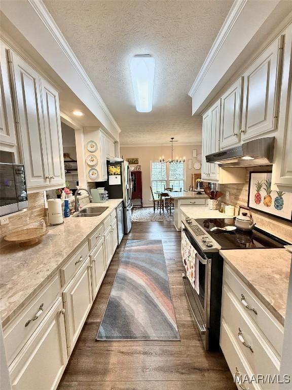 kitchen with stainless steel appliances, ornamental molding, a sink, and under cabinet range hood