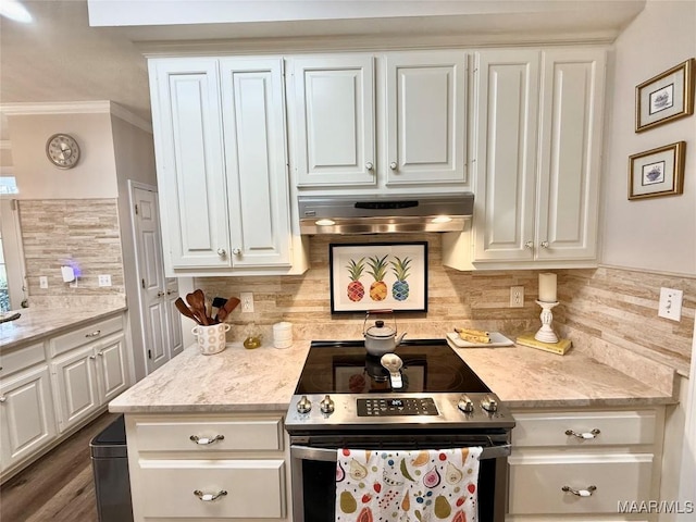 kitchen with stainless steel range with electric stovetop, tasteful backsplash, white cabinets, and exhaust hood