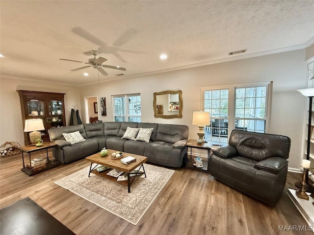 living area featuring a textured ceiling, ornamental molding, wood finished floors, and visible vents