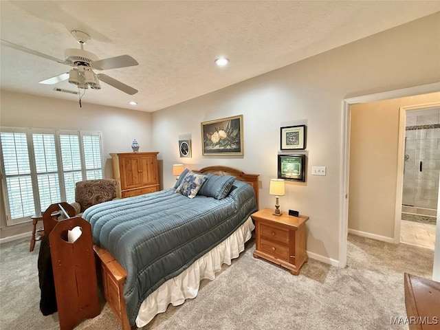 bedroom with recessed lighting, light colored carpet, visible vents, a textured ceiling, and baseboards