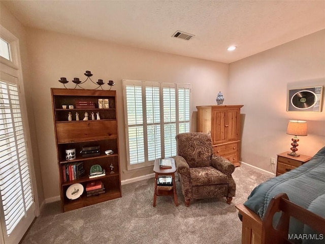 bedroom with carpet, a textured ceiling, visible vents, and baseboards