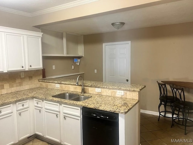 kitchen with black dishwasher, open shelves, white cabinets, a sink, and a peninsula