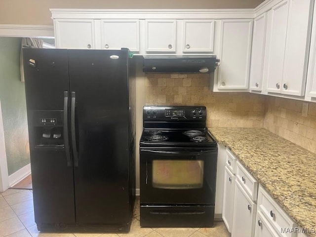 kitchen with black appliances, white cabinets, and under cabinet range hood