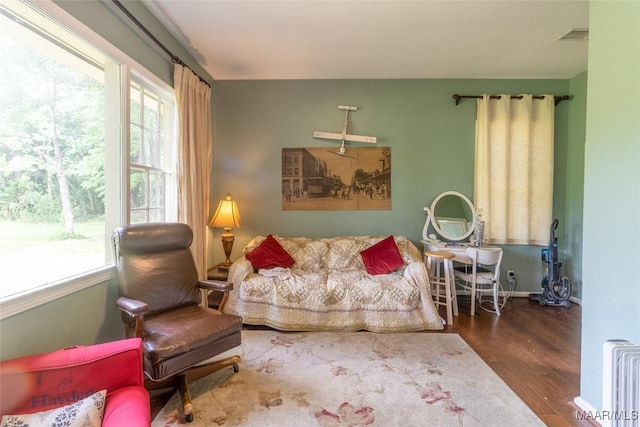 living room featuring radiator, plenty of natural light, and wood finished floors