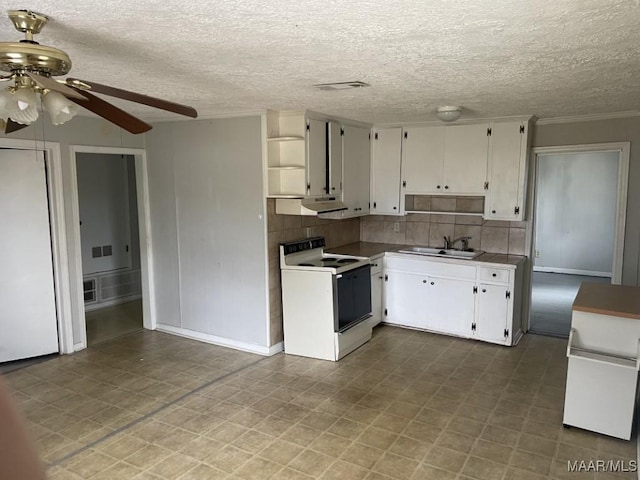 kitchen featuring open shelves, white electric range oven, white cabinetry, a sink, and under cabinet range hood