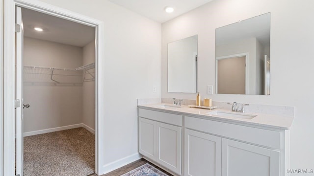 bathroom featuring a walk in closet, a sink, baseboards, and double vanity