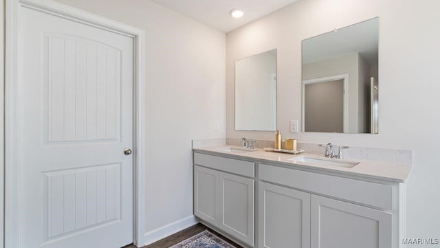 bathroom with wood finished floors, a sink, baseboards, and double vanity