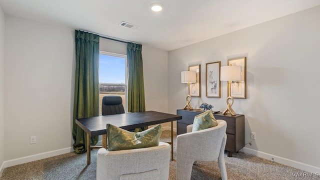 office with light colored carpet, visible vents, and baseboards