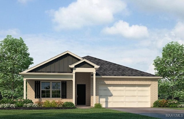 ranch-style house featuring driveway, brick siding, board and batten siding, and an attached garage