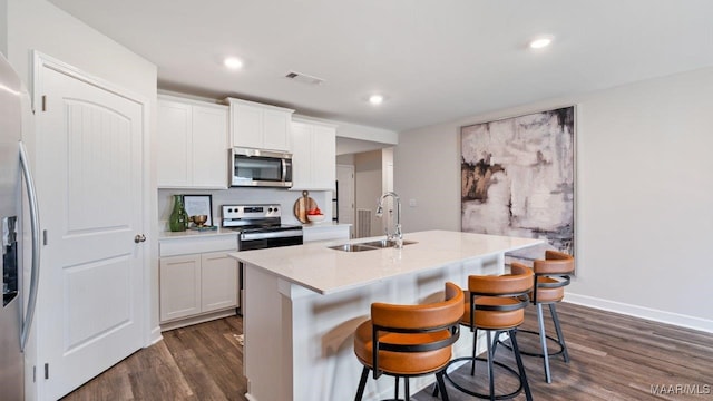 kitchen with a kitchen island with sink, stainless steel appliances, a sink, visible vents, and dark wood finished floors