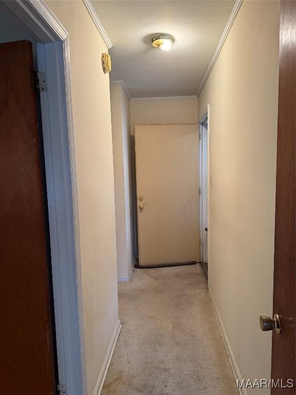 hall with light colored carpet, crown molding, and baseboards