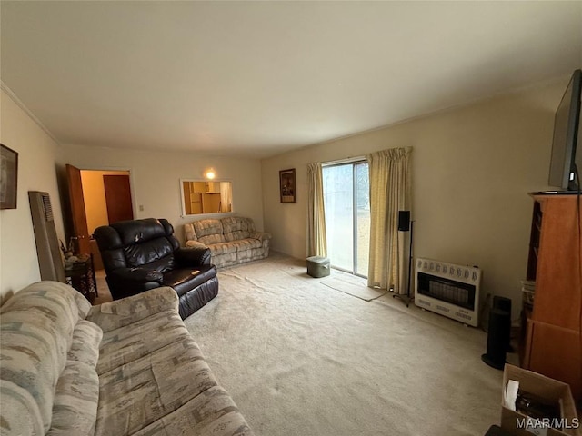 living room featuring carpet flooring and heating unit