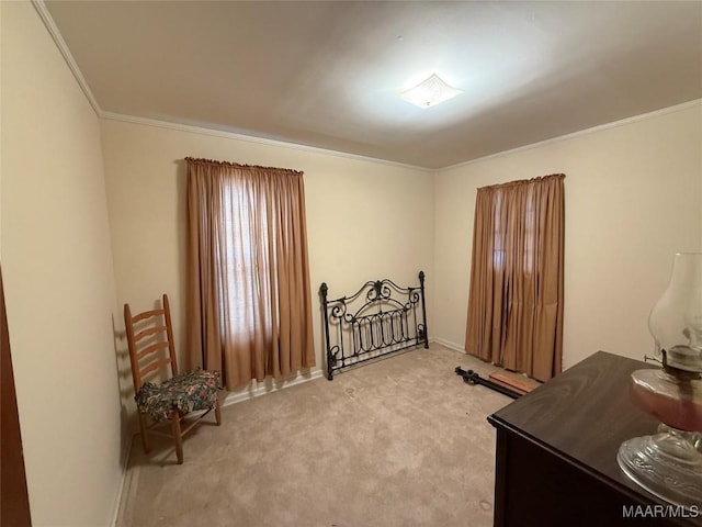 interior space featuring ornamental molding and light colored carpet